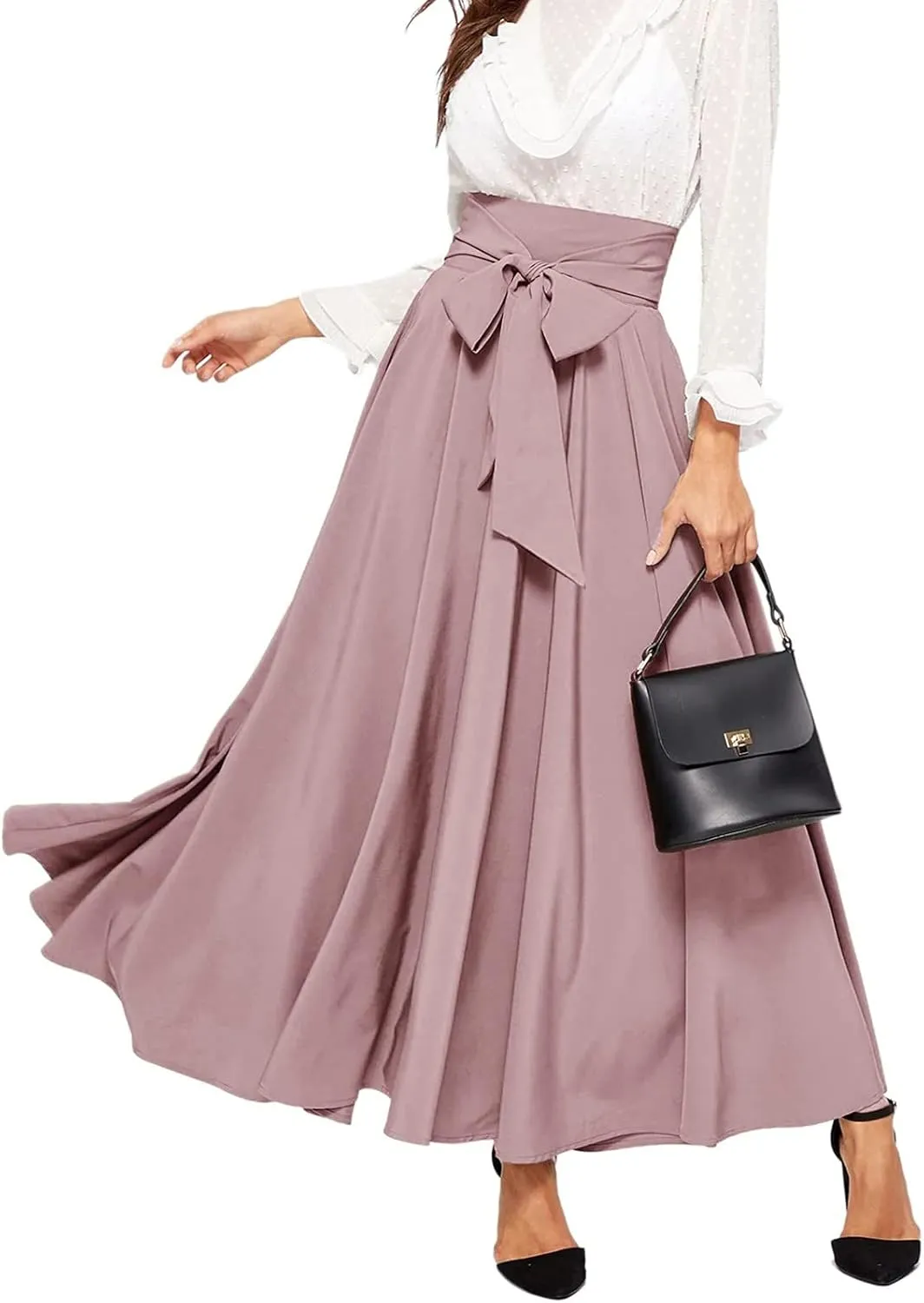 Women's Pleated Skirt Elastic Waist A-Line Midi Length Skirt Tie Front Maxi Skirts Casual Midi Skirt