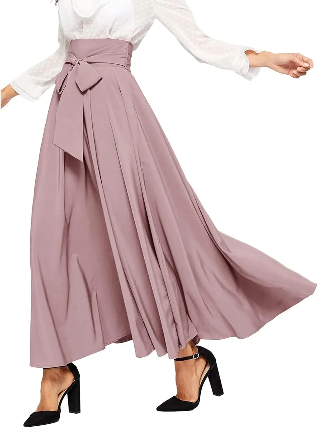 Women's Pleated Skirt Elastic Waist A-Line Midi Length Skirt Tie Front Maxi Skirts Casual Midi Skirt