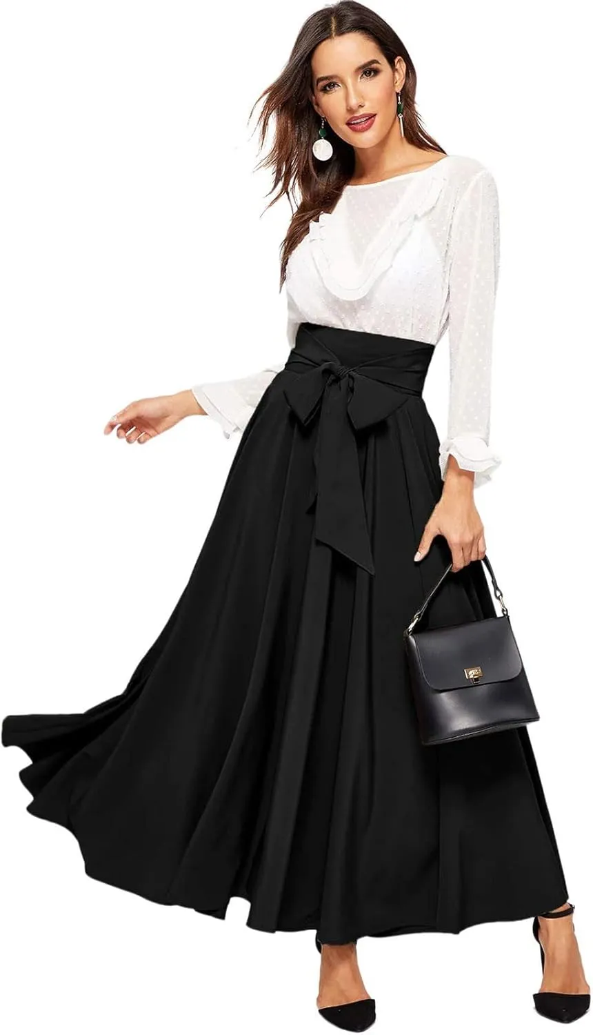 Women's Pleated Skirt Elastic Waist A-Line Midi Length Skirt Tie Front Maxi Skirts Casual Midi Skirt