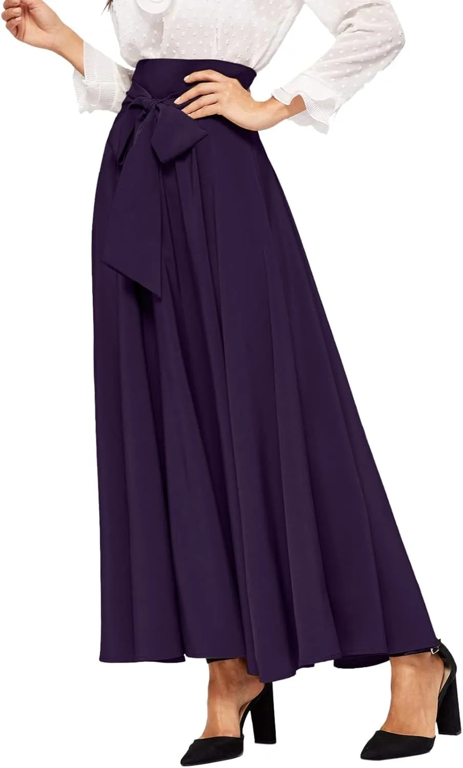 Women's Pleated Skirt Elastic Waist A-Line Midi Length Skirt Tie Front Maxi Skirts Casual Midi Skirt
