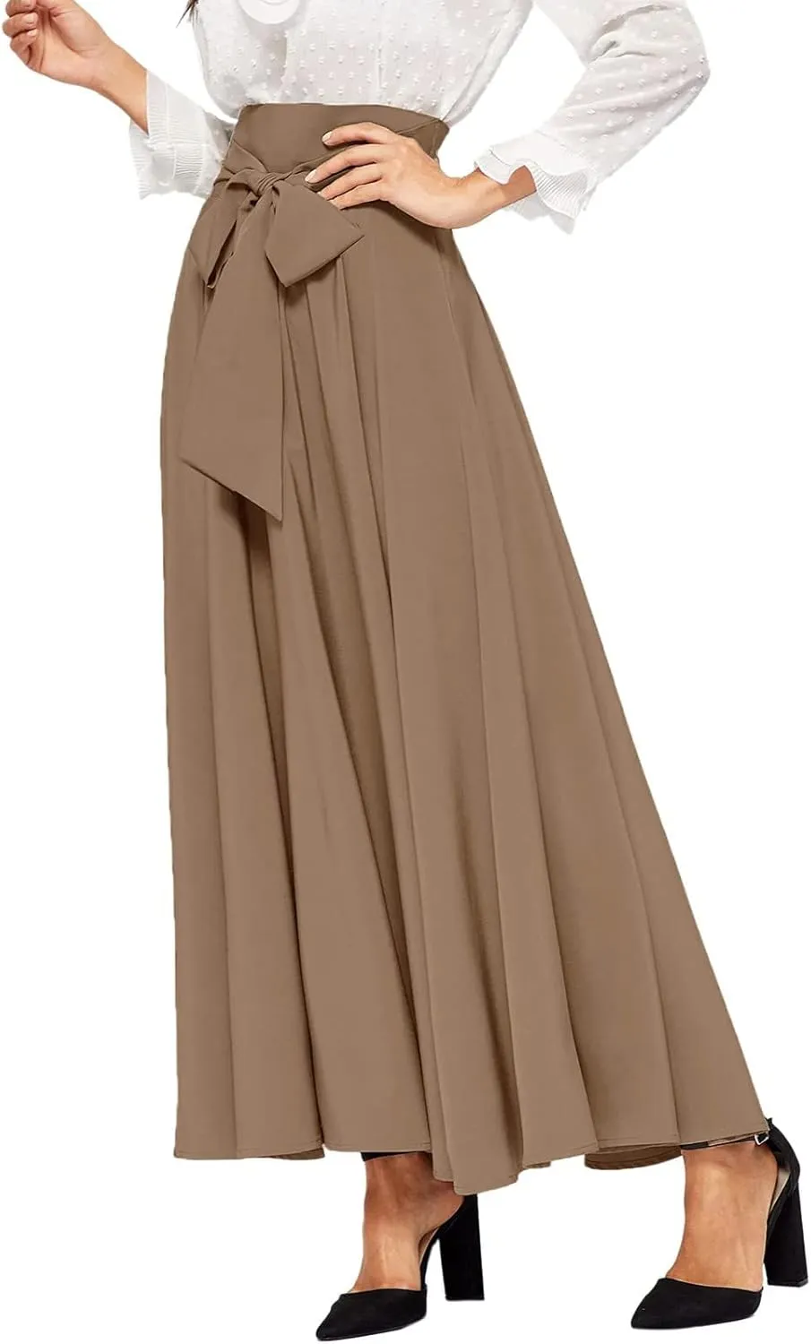 Women's Pleated Skirt Elastic Waist A-Line Midi Length Skirt Tie Front Maxi Skirts Casual Midi Skirt