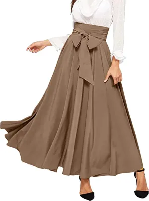 Women's Pleated Skirt Elastic Waist A-Line Midi Length Skirt Tie Front Maxi Skirts Casual Midi Skirt