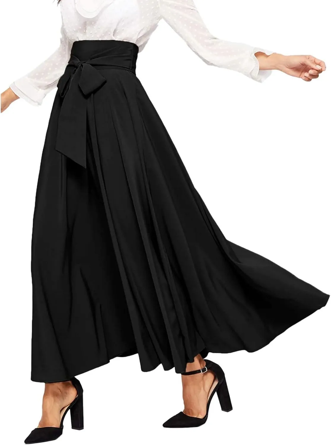 Women's Pleated Skirt Elastic Waist A-Line Midi Length Skirt Tie Front Maxi Skirts Casual Midi Skirt