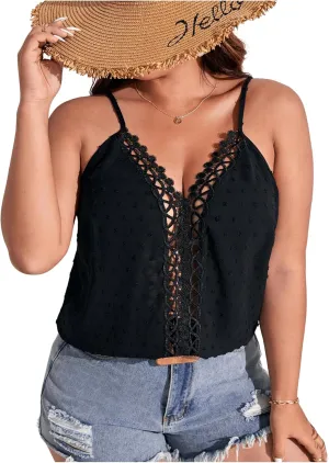 Women's Plus Size Camisole Tops Spaghetti Strap V Neck Hollow Out Lace Cami Shirts Boho Vest Top