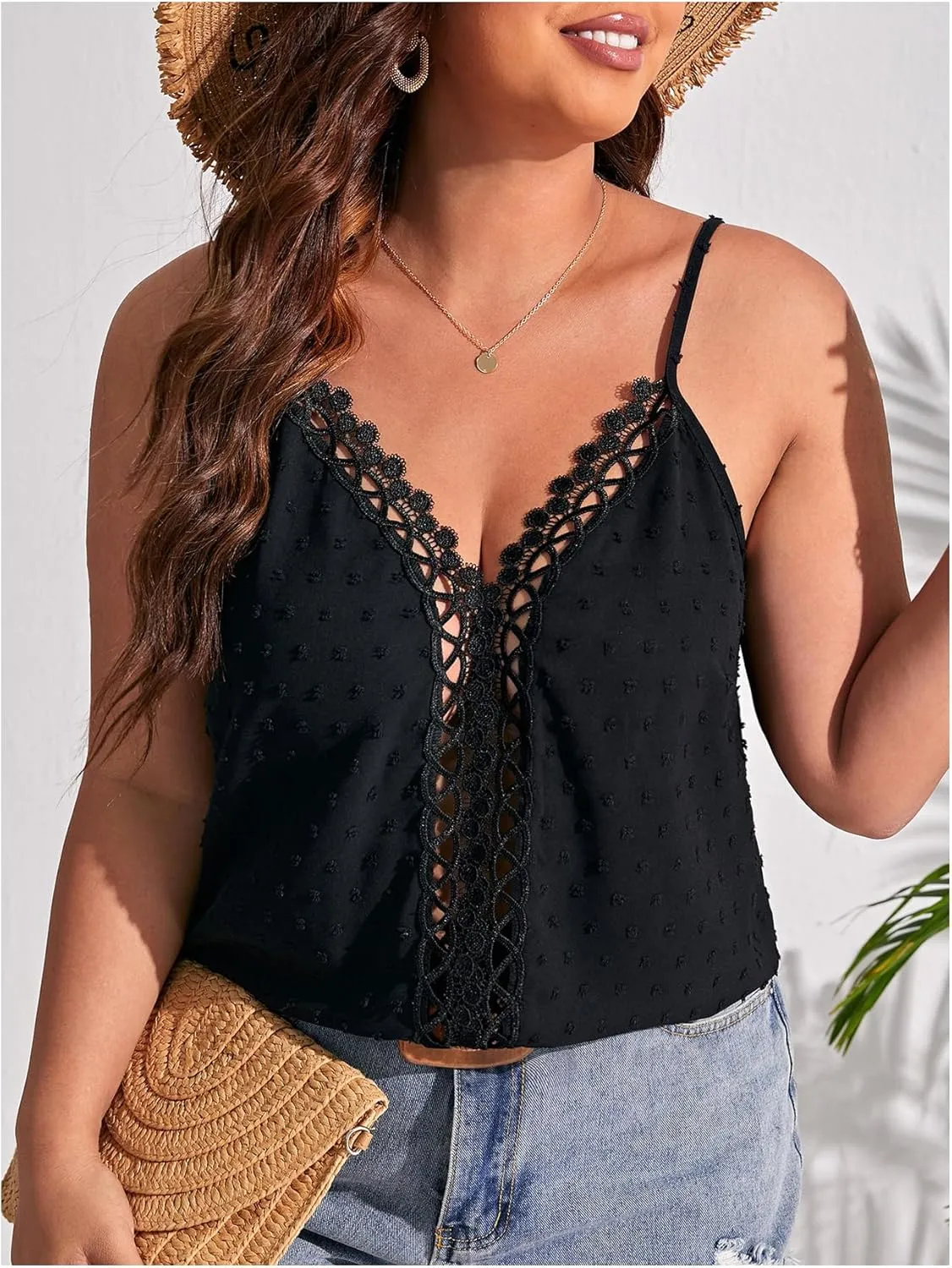 Women's Plus Size Camisole Tops Spaghetti Strap V Neck Hollow Out Lace Cami Shirts Boho Vest Top