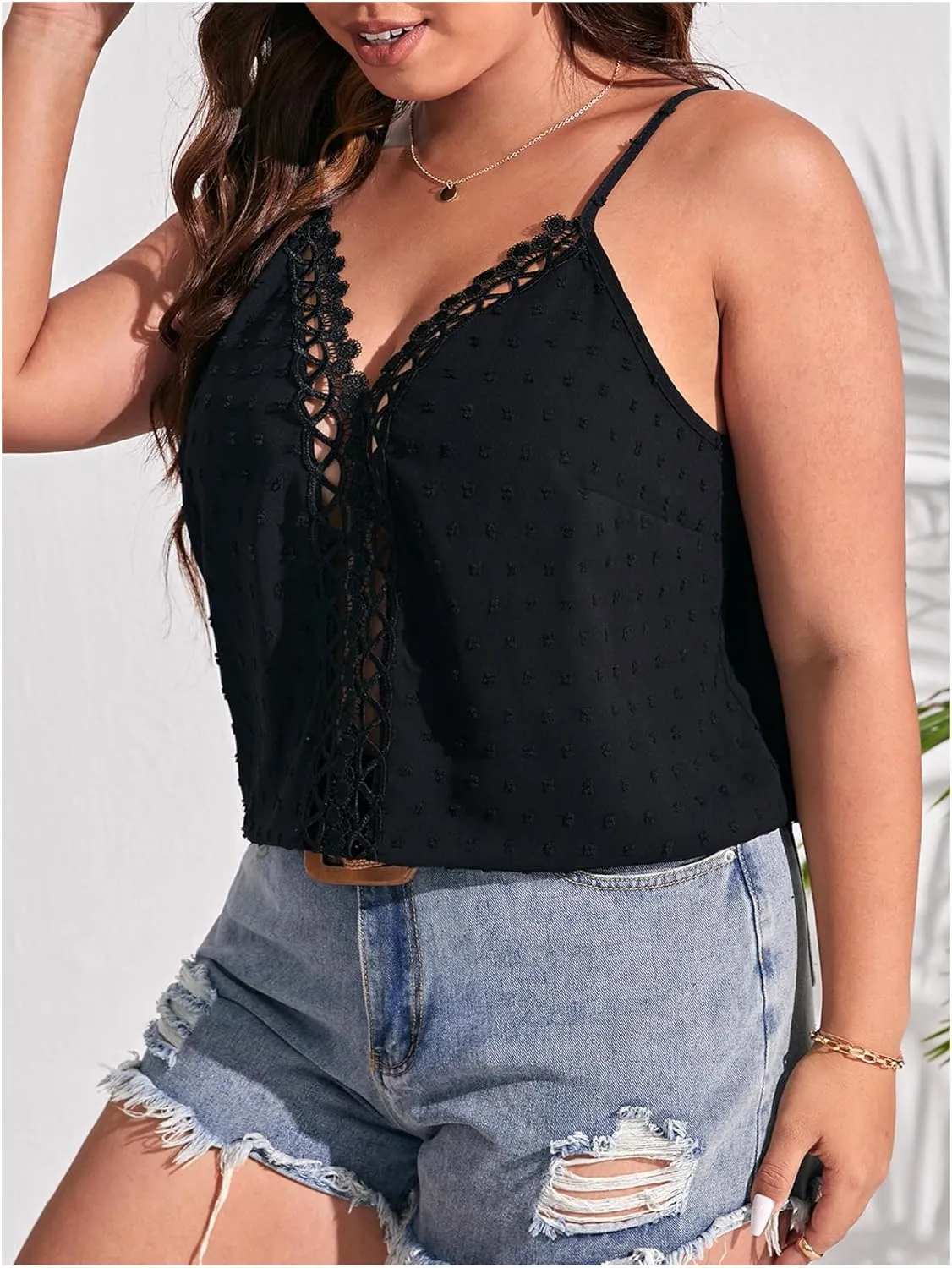 Women's Plus Size Camisole Tops Spaghetti Strap V Neck Hollow Out Lace Cami Shirts Boho Vest Top