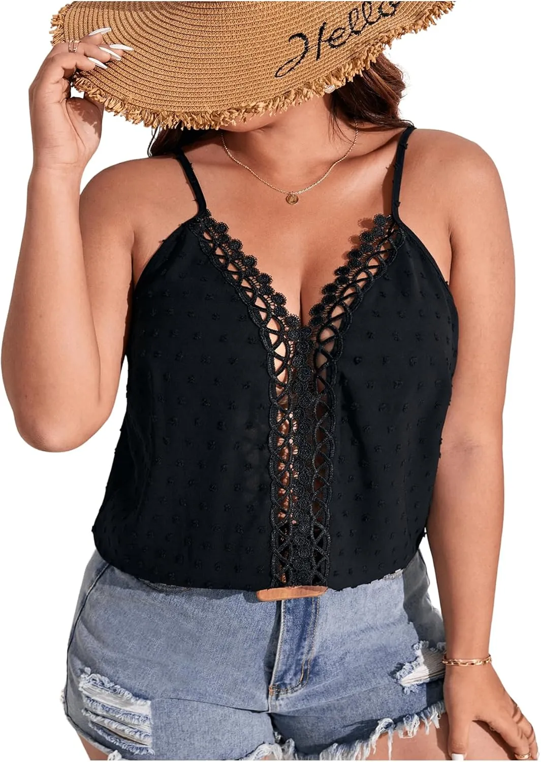 Women's Plus Size Camisole Tops Spaghetti Strap V Neck Hollow Out Lace Cami Shirts Boho Vest Top