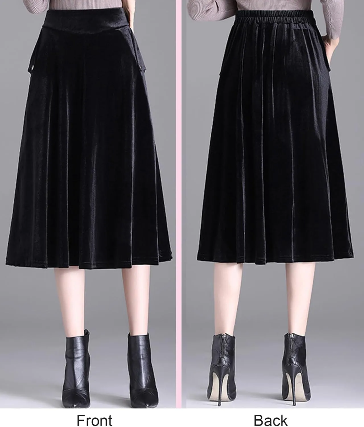 Womens Plus Size Velvet Skirt with Pockets Vintage A-Line Elastic High Waist Pleated Flare Midi Skirt