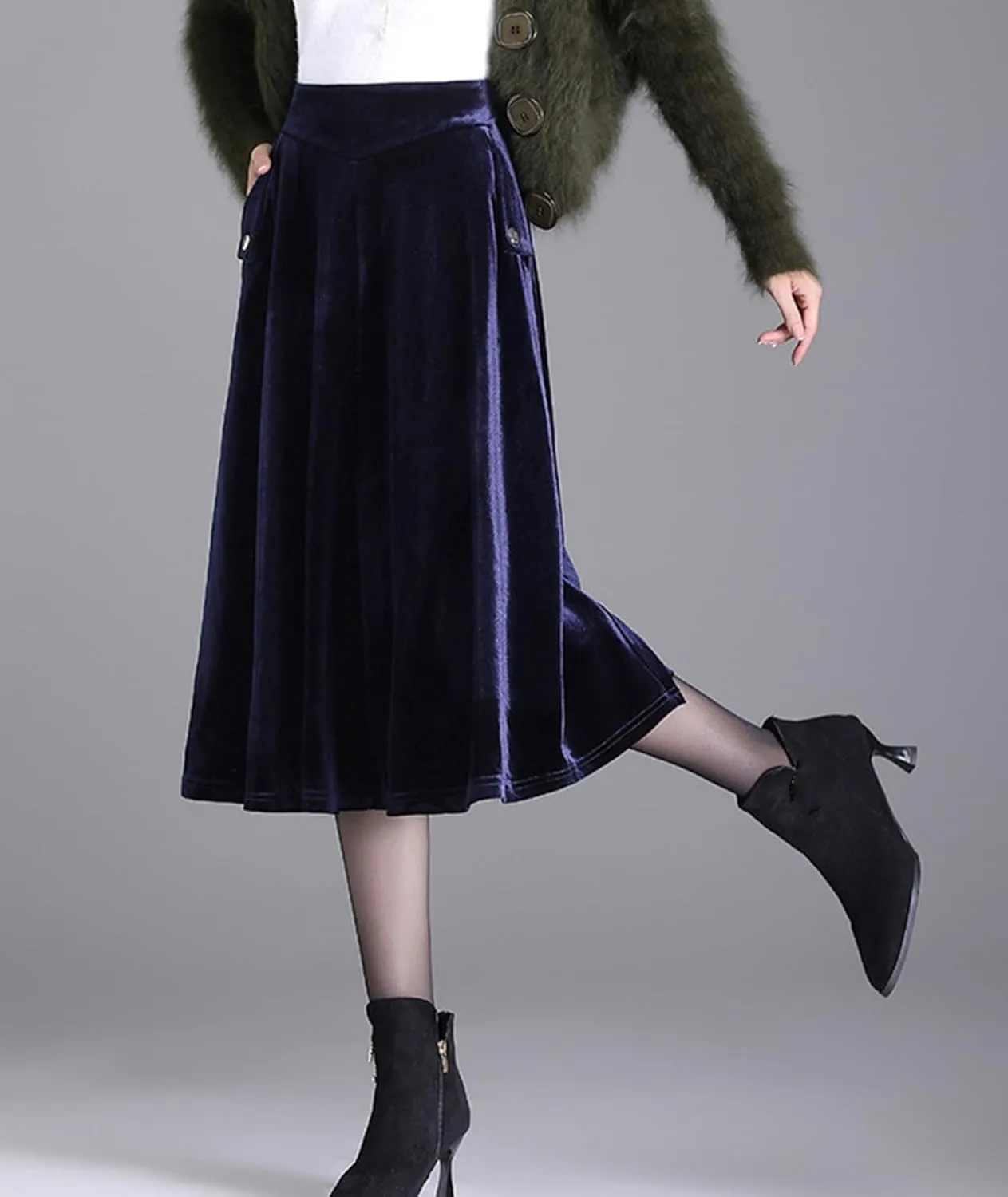 Womens Plus Size Velvet Skirt with Pockets Vintage A-Line Elastic High Waist Pleated Flare Midi Skirt