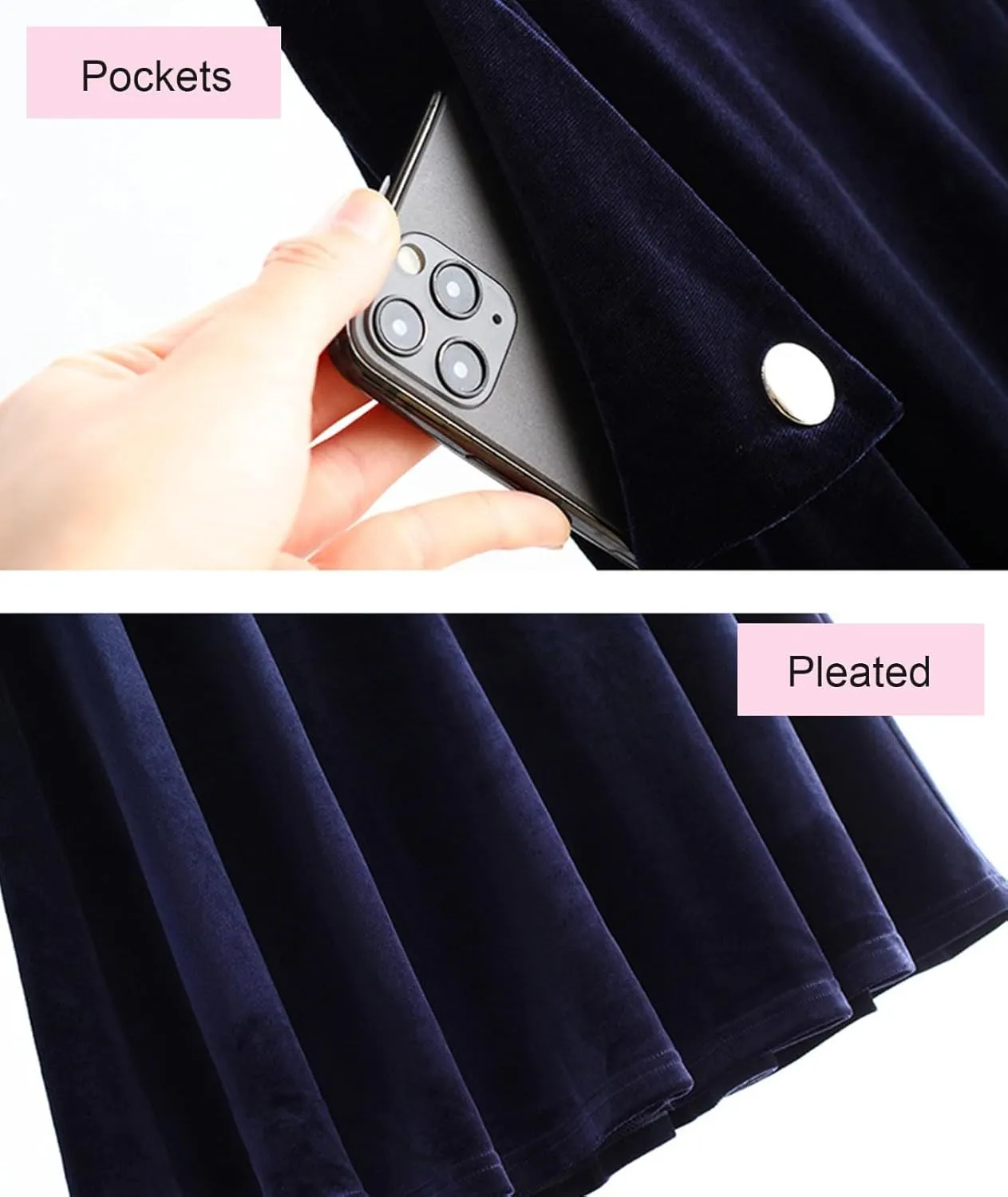 Womens Plus Size Velvet Skirt with Pockets Vintage A-Line Elastic High Waist Pleated Flare Midi Skirt