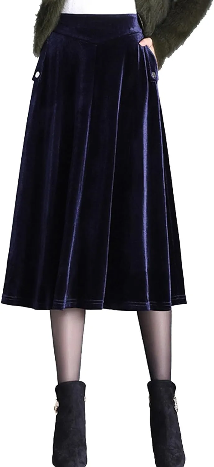 Womens Plus Size Velvet Skirt with Pockets Vintage A-Line Elastic High Waist Pleated Flare Midi Skirt