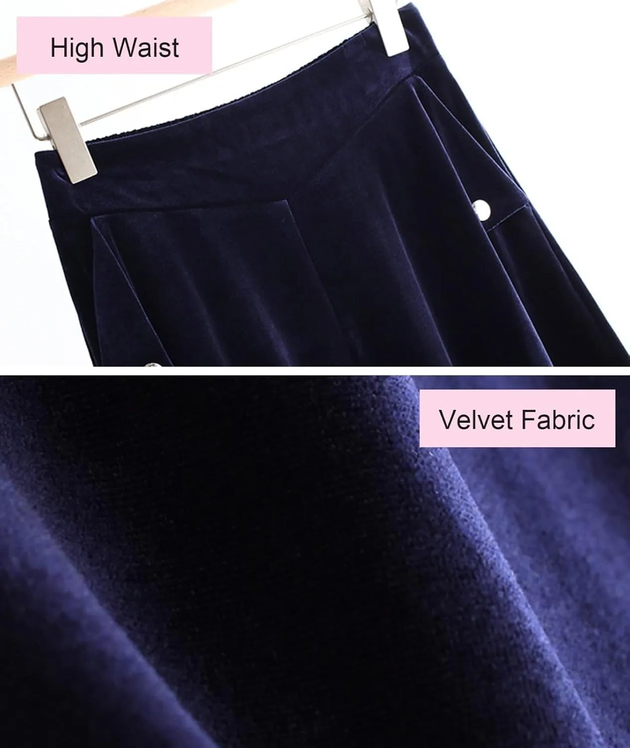 Womens Plus Size Velvet Skirt with Pockets Vintage A-Line Elastic High Waist Pleated Flare Midi Skirt