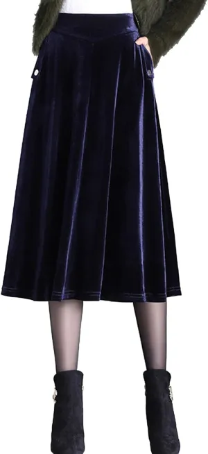 Womens Plus Size Velvet Skirt with Pockets Vintage A-Line Elastic High Waist Pleated Flare Midi Skirt