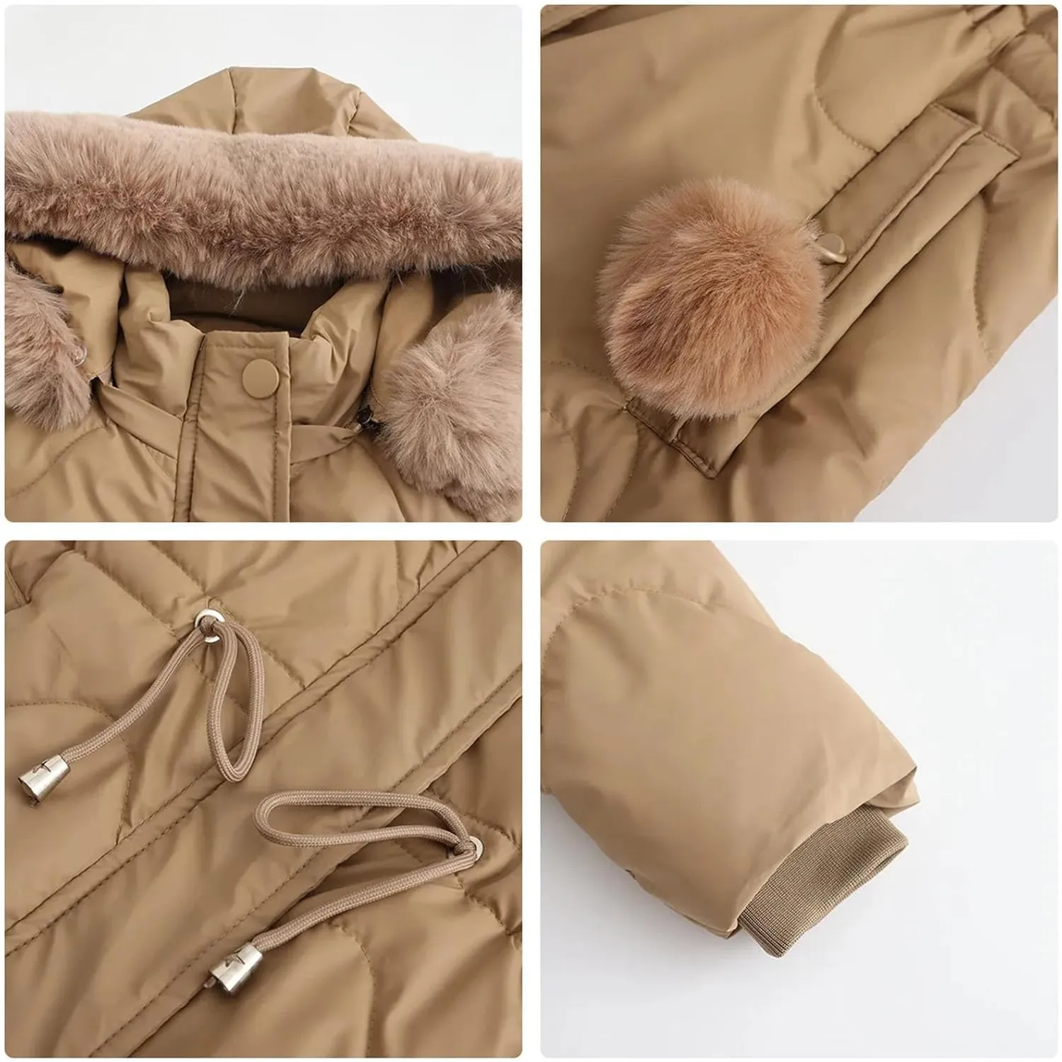 Women's Plush Hooded Collar Cotton-Padded Jacket Casual Drawstring Waist Pockets Parka Coat