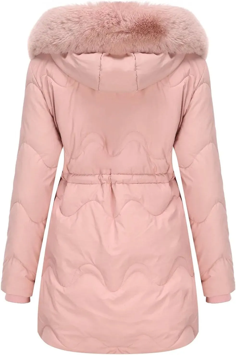 Women's Plush Hooded Collar Cotton-Padded Jacket Casual Drawstring Waist Pockets Parka Coat