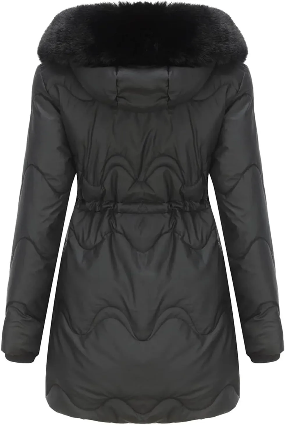 Women's Plush Hooded Collar Cotton-Padded Jacket Casual Drawstring Waist Pockets Parka Coat