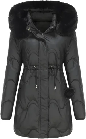 Women's Plush Hooded Collar Cotton-Padded Jacket Casual Drawstring Waist Pockets Parka Coat
