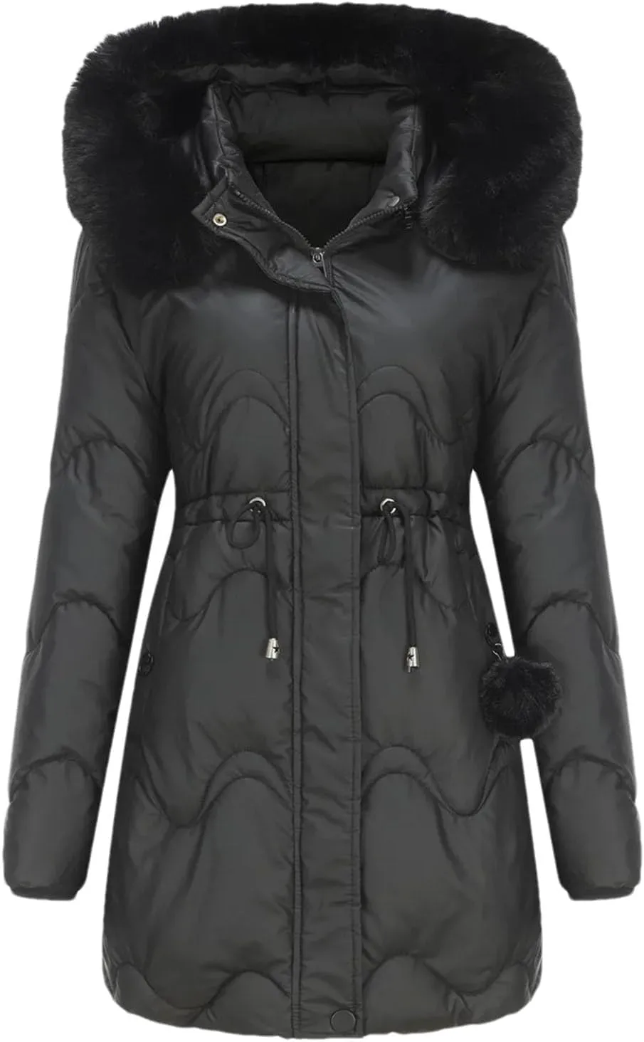 Women's Plush Hooded Collar Cotton-Padded Jacket Casual Drawstring Waist Pockets Parka Coat