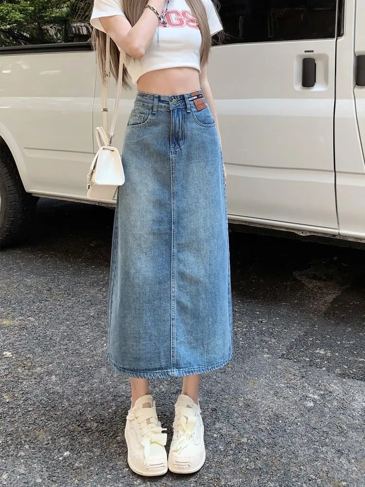 Women's Retro Denim Half Skirt, Spring and Autumn High-Waisted Midi Skirt