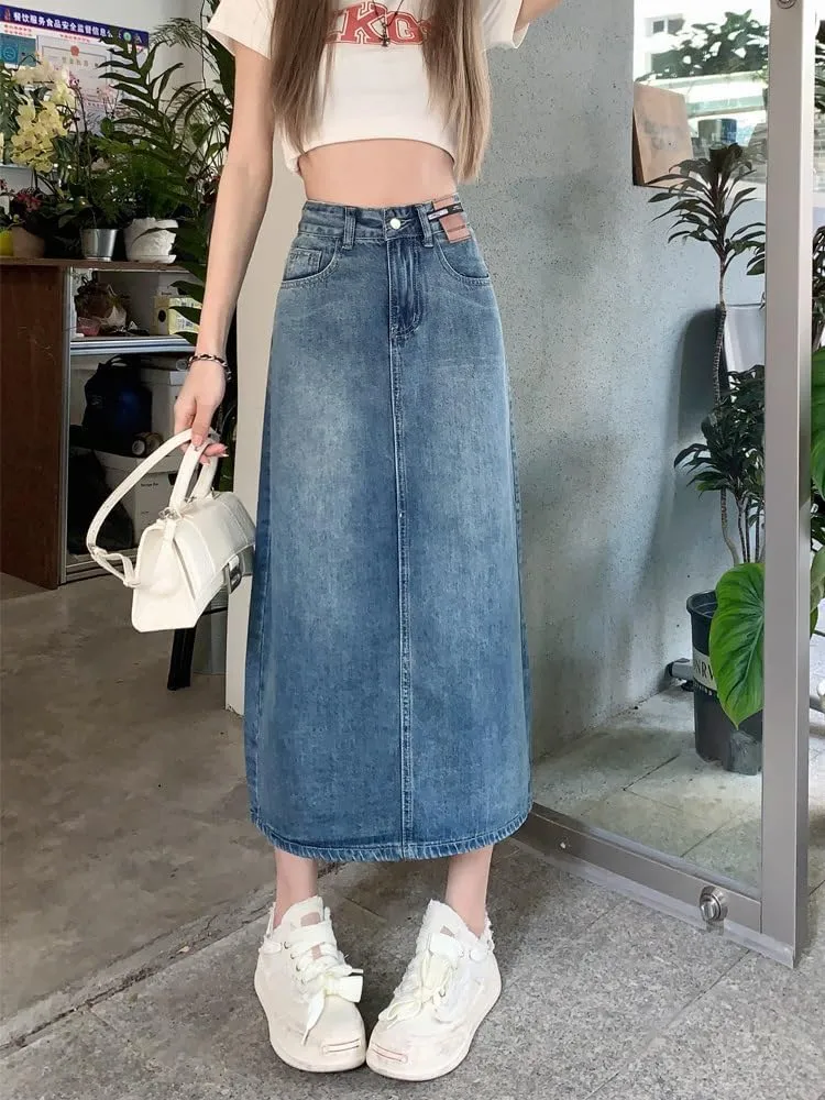 Women's Retro Denim Half Skirt, Spring and Autumn High-Waisted Midi Skirt