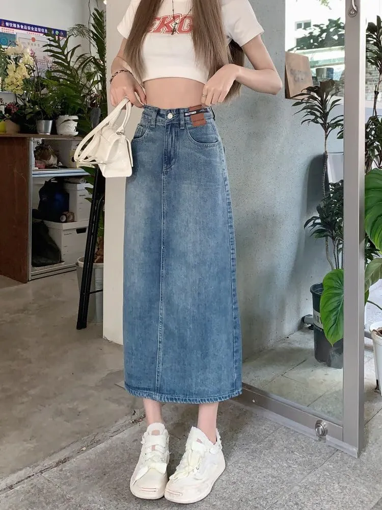 Women's Retro Denim Half Skirt, Spring and Autumn High-Waisted Midi Skirt