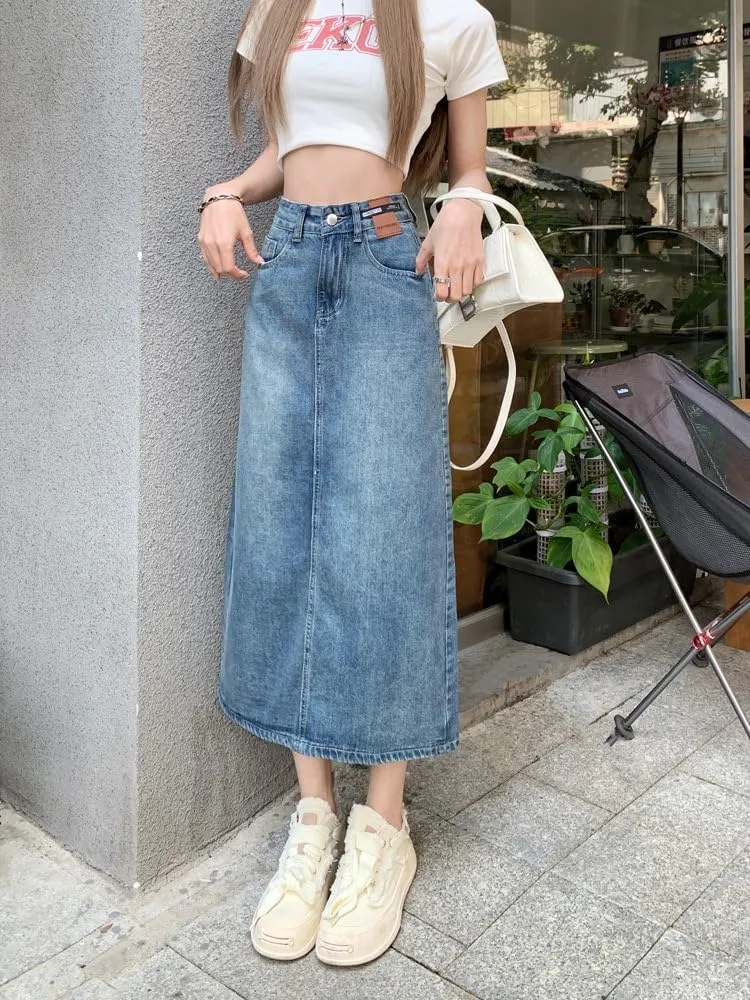 Women's Retro Denim Half Skirt, Spring and Autumn High-Waisted Midi Skirt