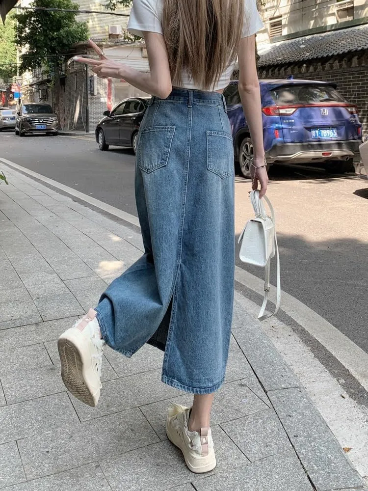 Women's Retro Denim Half Skirt, Spring and Autumn High-Waisted Midi Skirt