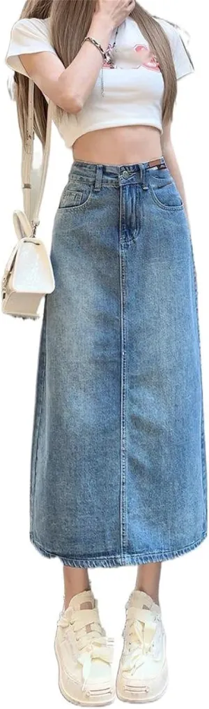 Women's Retro Denim Half Skirt, Spring and Autumn High-Waisted Midi Skirt