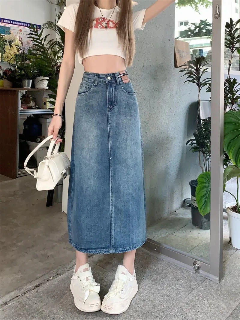 Women's Retro Denim Half Skirt, Spring and Autumn High-Waisted Midi Skirt