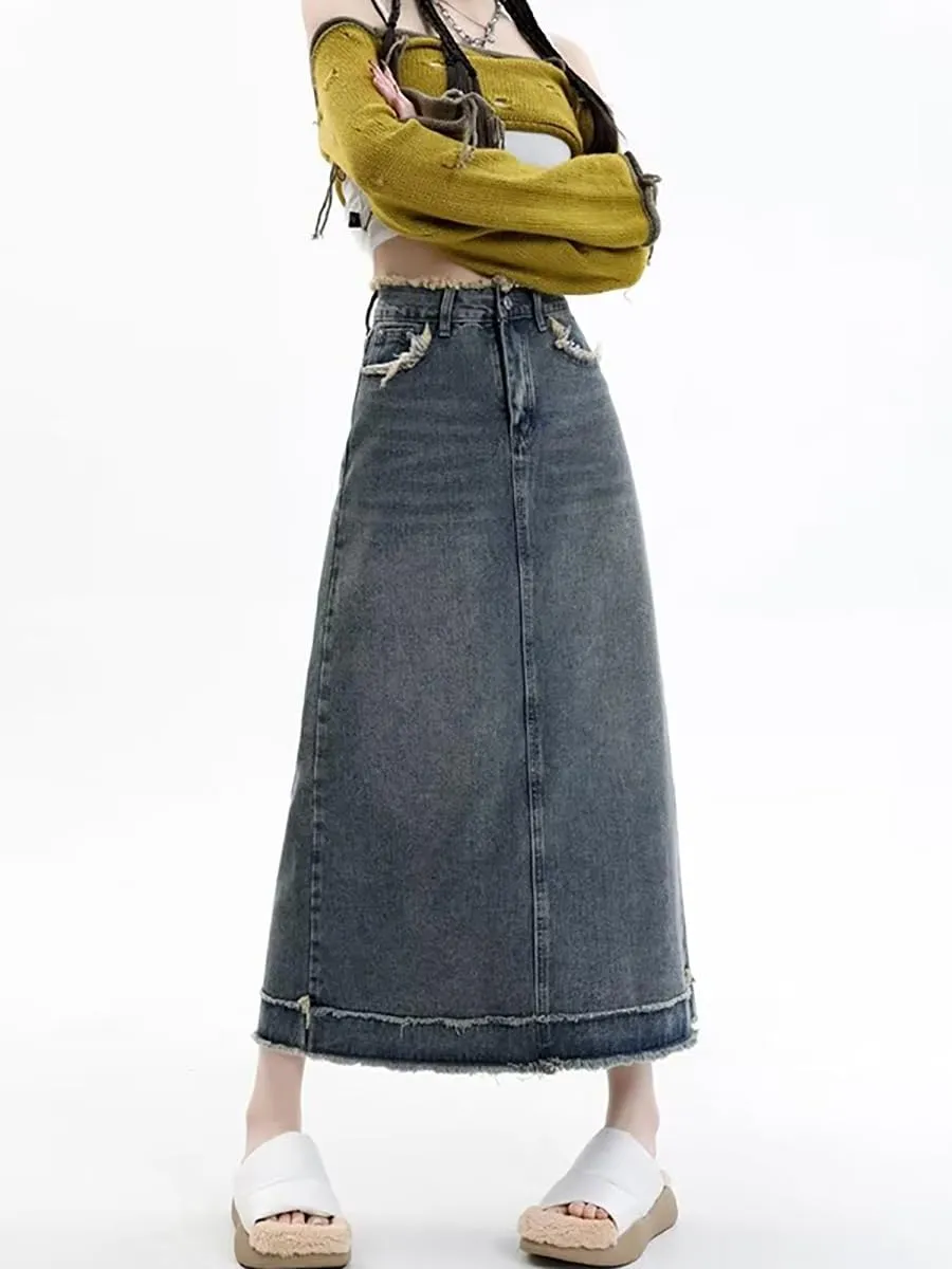 Women's Retro Denim Half Skirt, Spring Autumn High-Waisted A-Line Skirt, Long Skirt