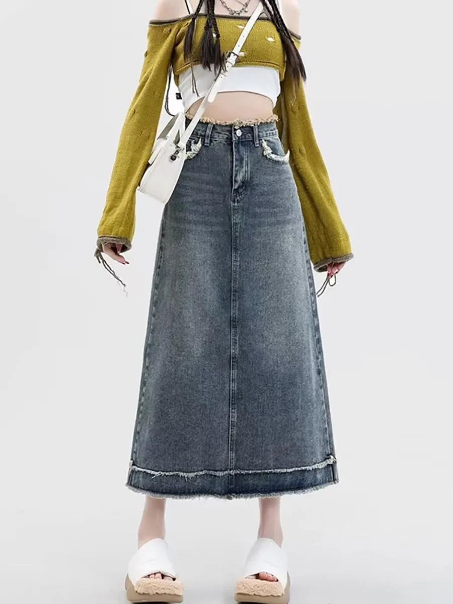 Women's Retro Denim Half Skirt, Spring Autumn High-Waisted A-Line Skirt, Long Skirt