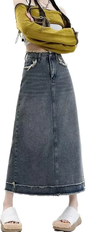 Women's Retro Denim Half Skirt, Spring Autumn High-Waisted A-Line Skirt, Long Skirt