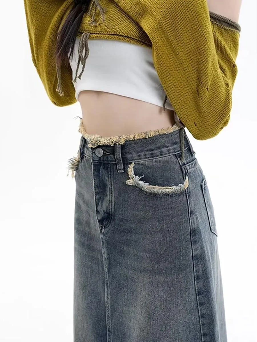 Women's Retro Denim Half Skirt, Spring Autumn High-Waisted A-Line Skirt, Long Skirt