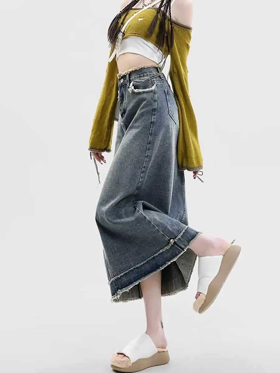 Women's Retro Denim Half Skirt, Spring Autumn High-Waisted A-Line Skirt, Long Skirt