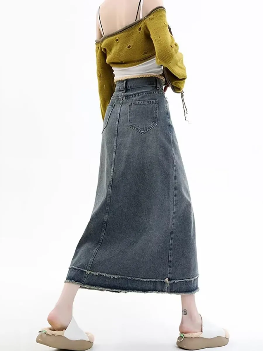 Women's Retro Denim Half Skirt, Spring Autumn High-Waisted A-Line Skirt, Long Skirt