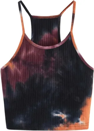 Women's Ribbed Knit Tie Dye Camisole Top Sleeveless Slim Fit Crop Tops Y2K Cami Streetwear Women Shirts