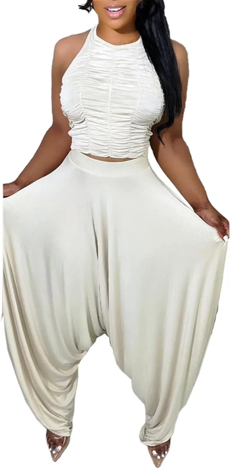 Womens Sexy 2 Pieces Ruffles Tank Tops Shirts Bodycon Harem Pants Party Clubwear Tracksuit Outfits Set