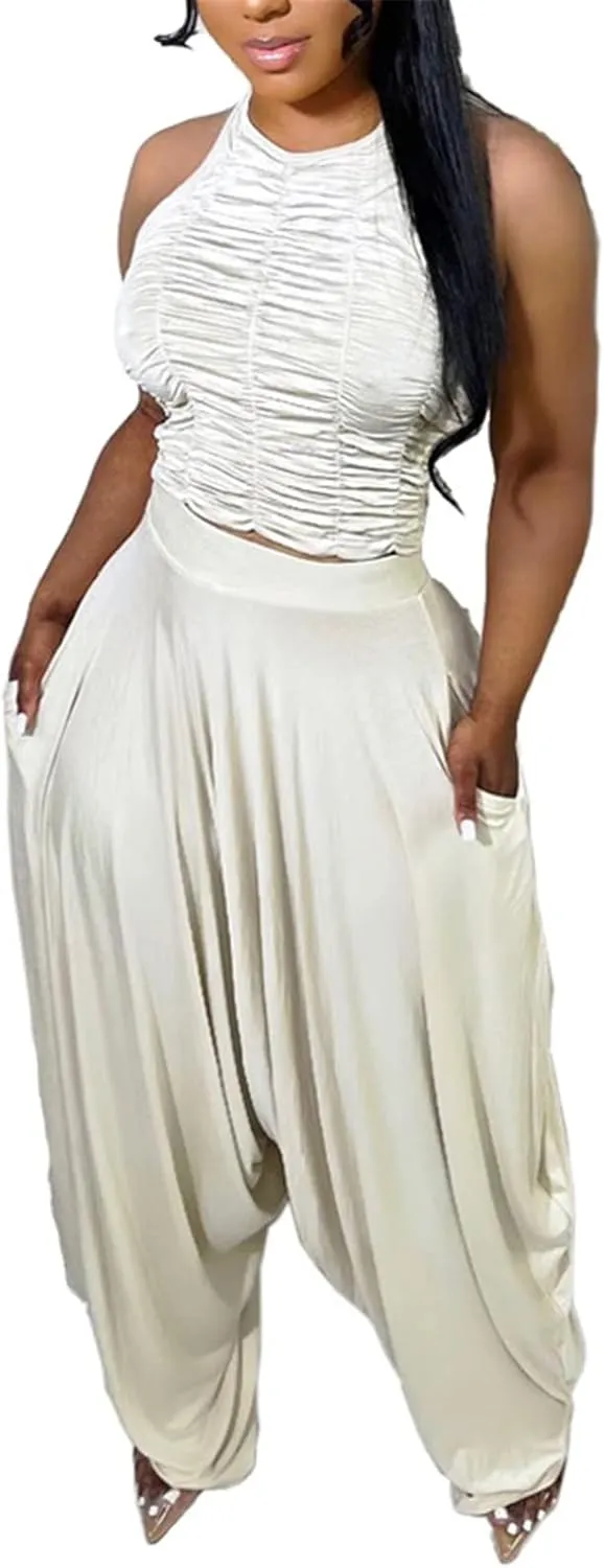 Womens Sexy 2 Pieces Ruffles Tank Tops Shirts Bodycon Harem Pants Party Clubwear Tracksuit Outfits Set