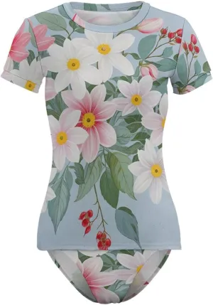 Womens Short Sleeve Rash Guard Shirts Sun Protection Swimsuit Set