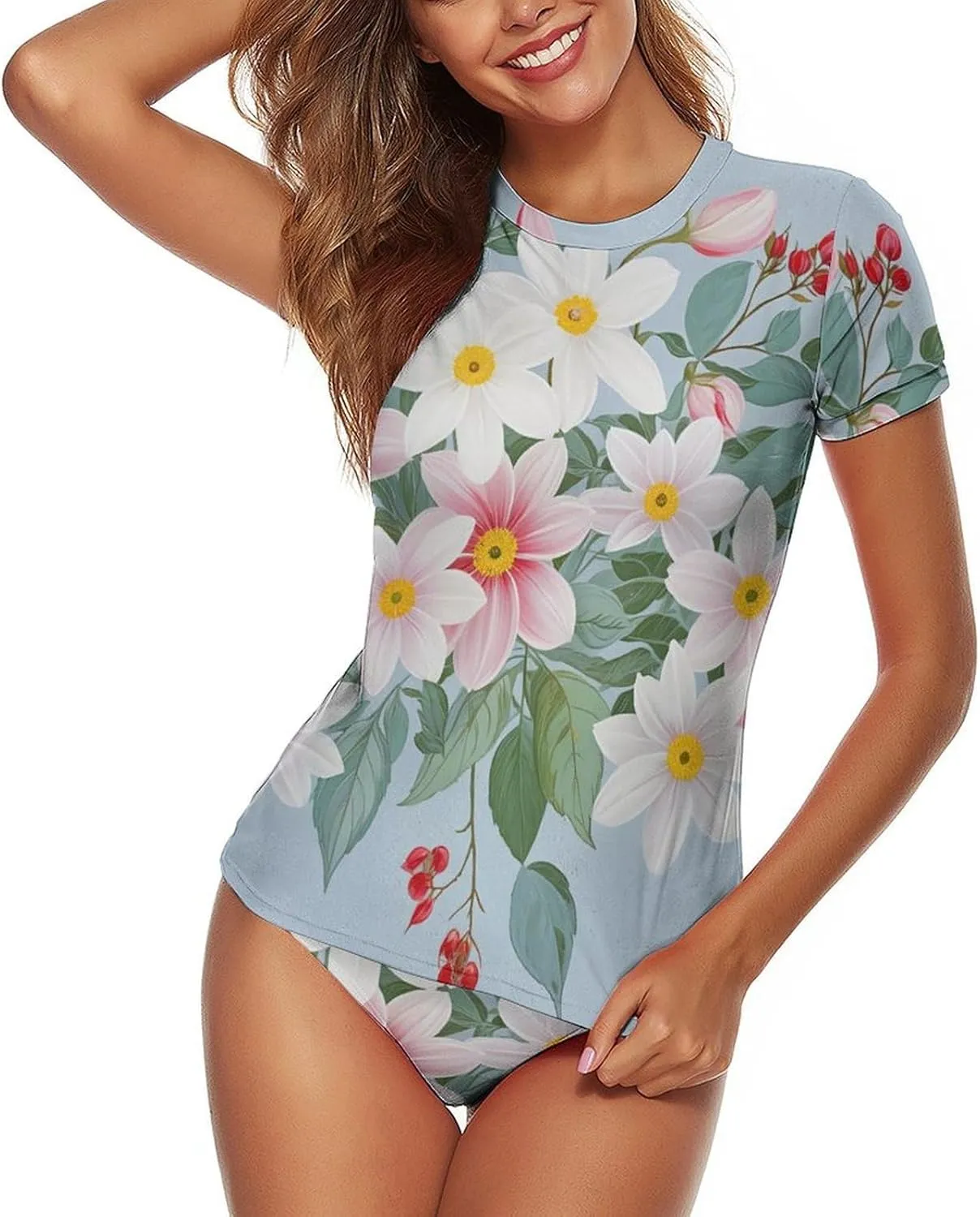 Womens Short Sleeve Rash Guard Shirts Sun Protection Swimsuit Set