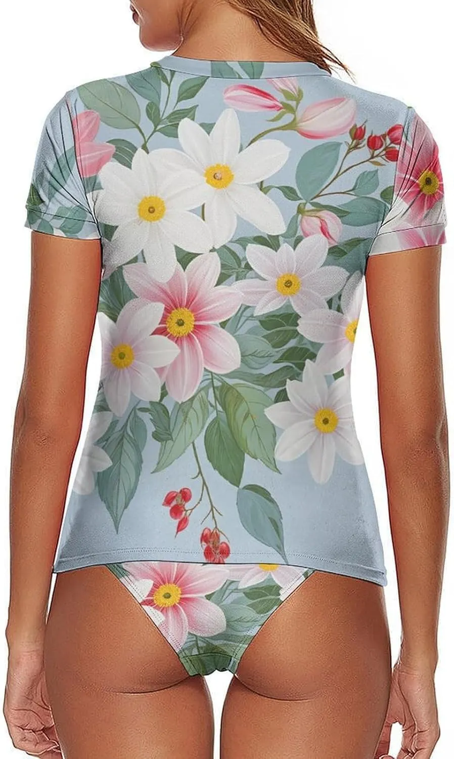 Womens Short Sleeve Rash Guard Shirts Sun Protection Swimsuit Set