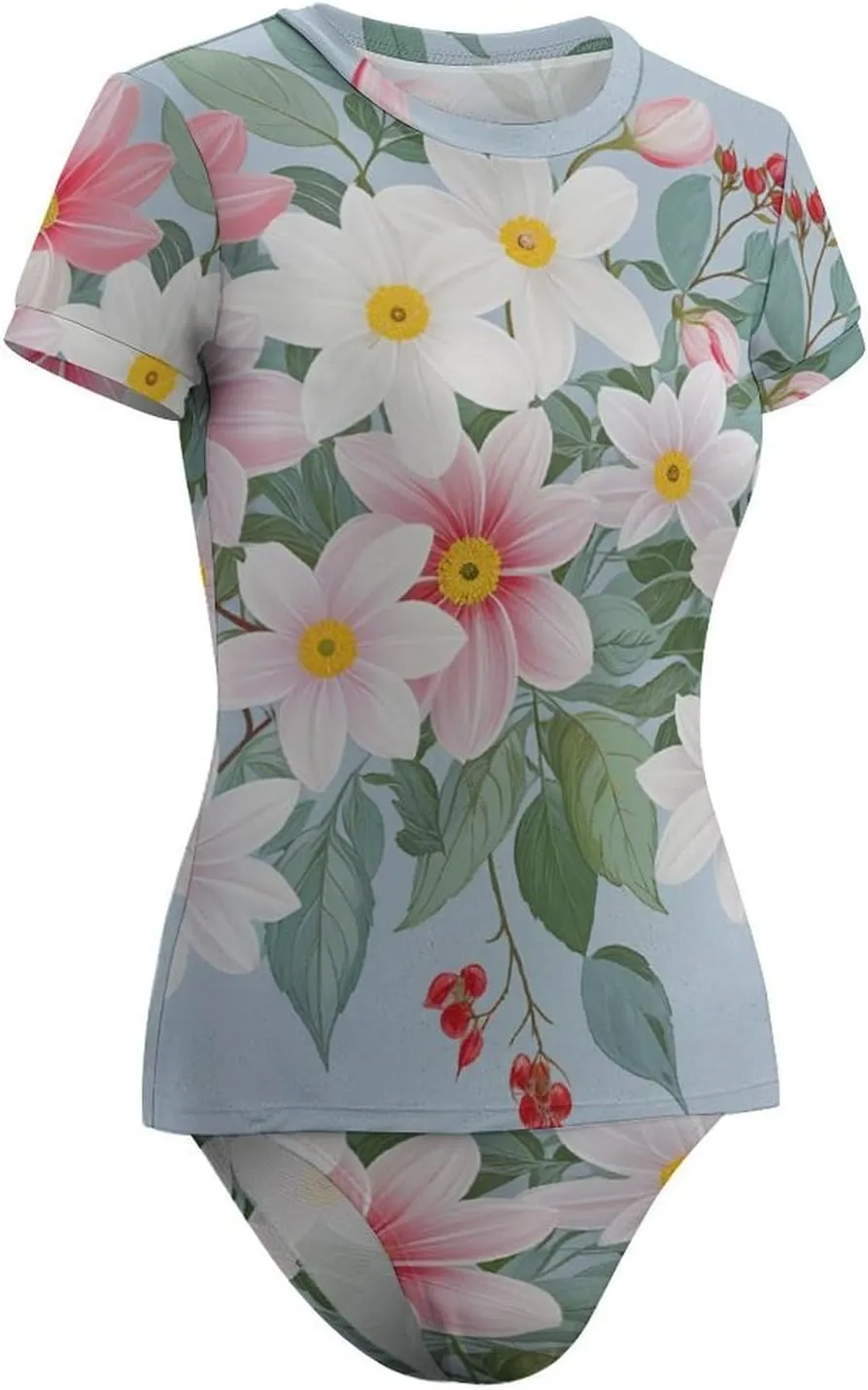 Womens Short Sleeve Rash Guard Shirts Sun Protection Swimsuit Set