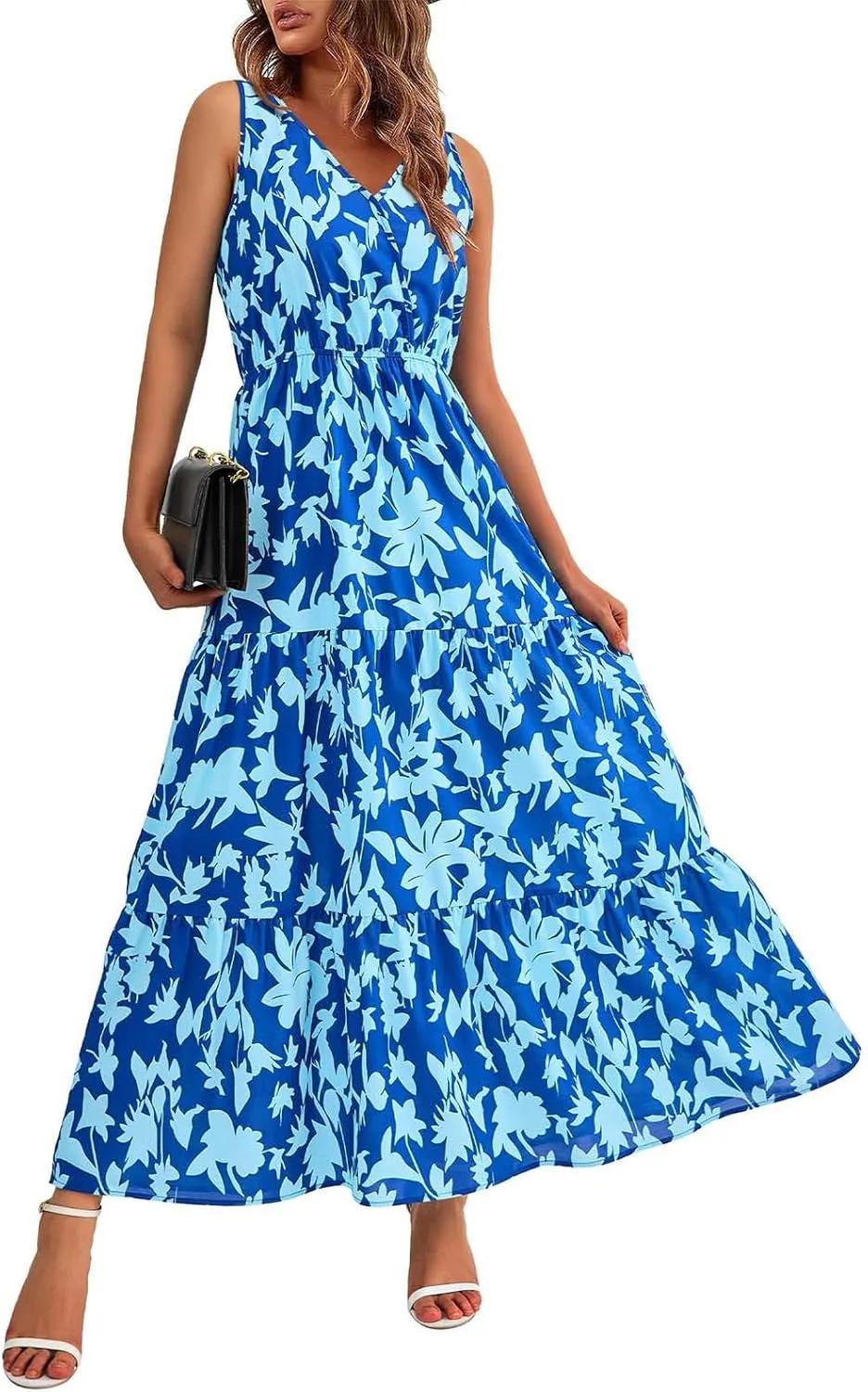 Womens Sleeveless Floral Maxi Dress Summer Casual V Neck Elastic Waist Sundress Boho Flowy Swing Elegant A Line Dress