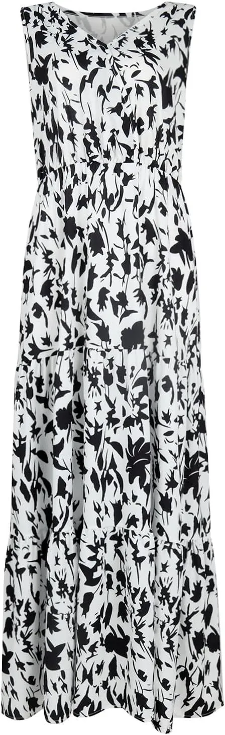 Womens Sleeveless Floral Maxi Dress Summer Casual V Neck Elastic Waist Sundress Boho Flowy Swing Elegant A Line Dress