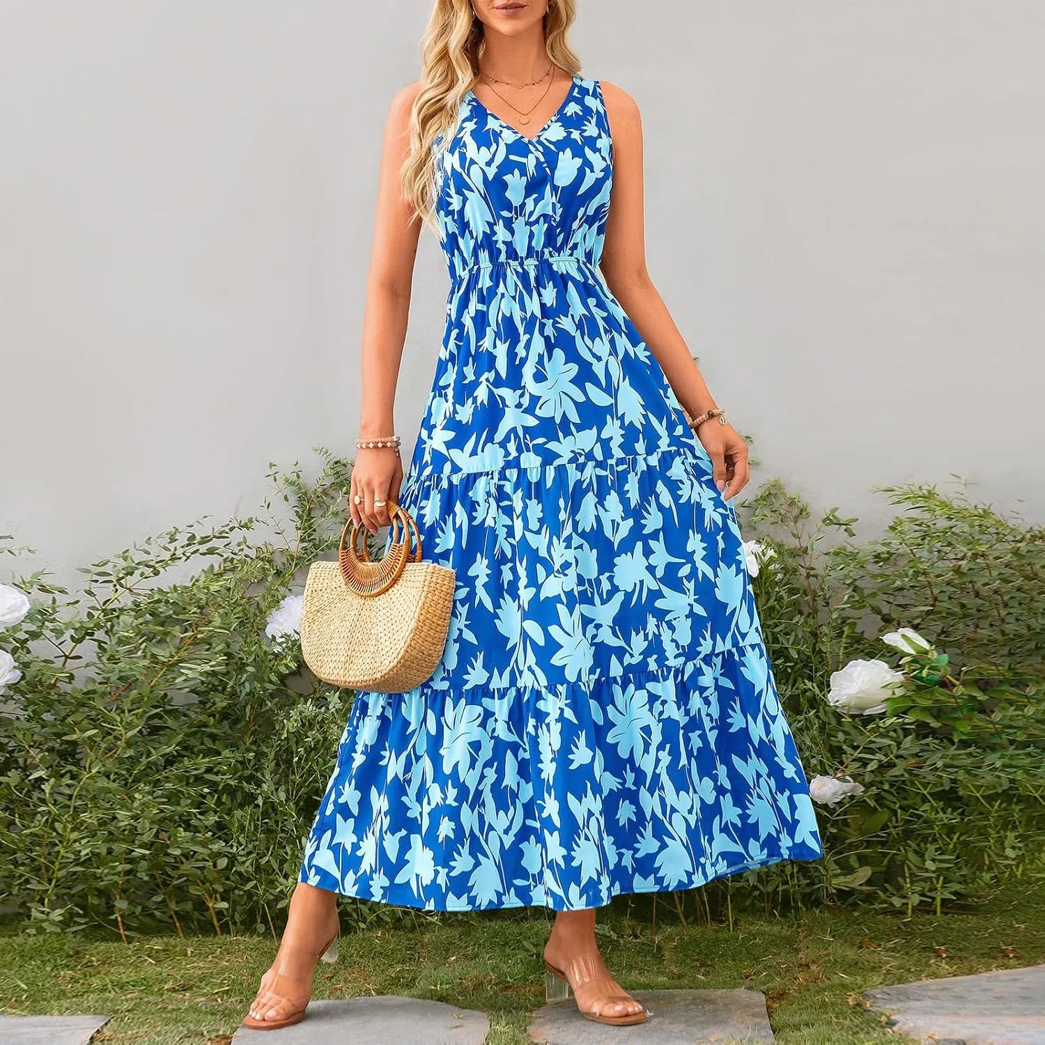 Womens Sleeveless Floral Maxi Dress Summer Casual V Neck Elastic Waist Sundress Boho Flowy Swing Elegant A Line Dress