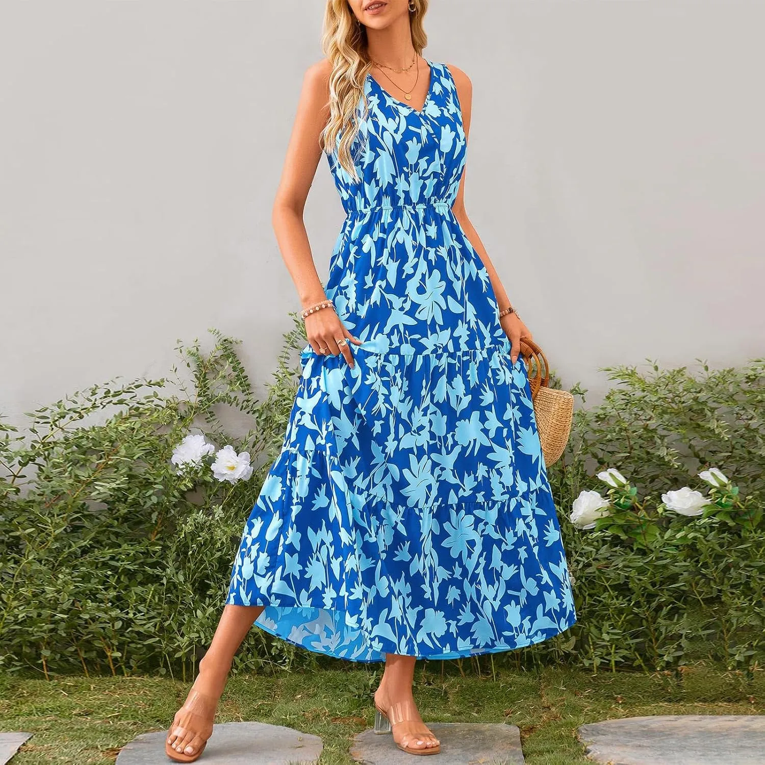 Womens Sleeveless Floral Maxi Dress Summer Casual V Neck Elastic Waist Sundress Boho Flowy Swing Elegant A Line Dress