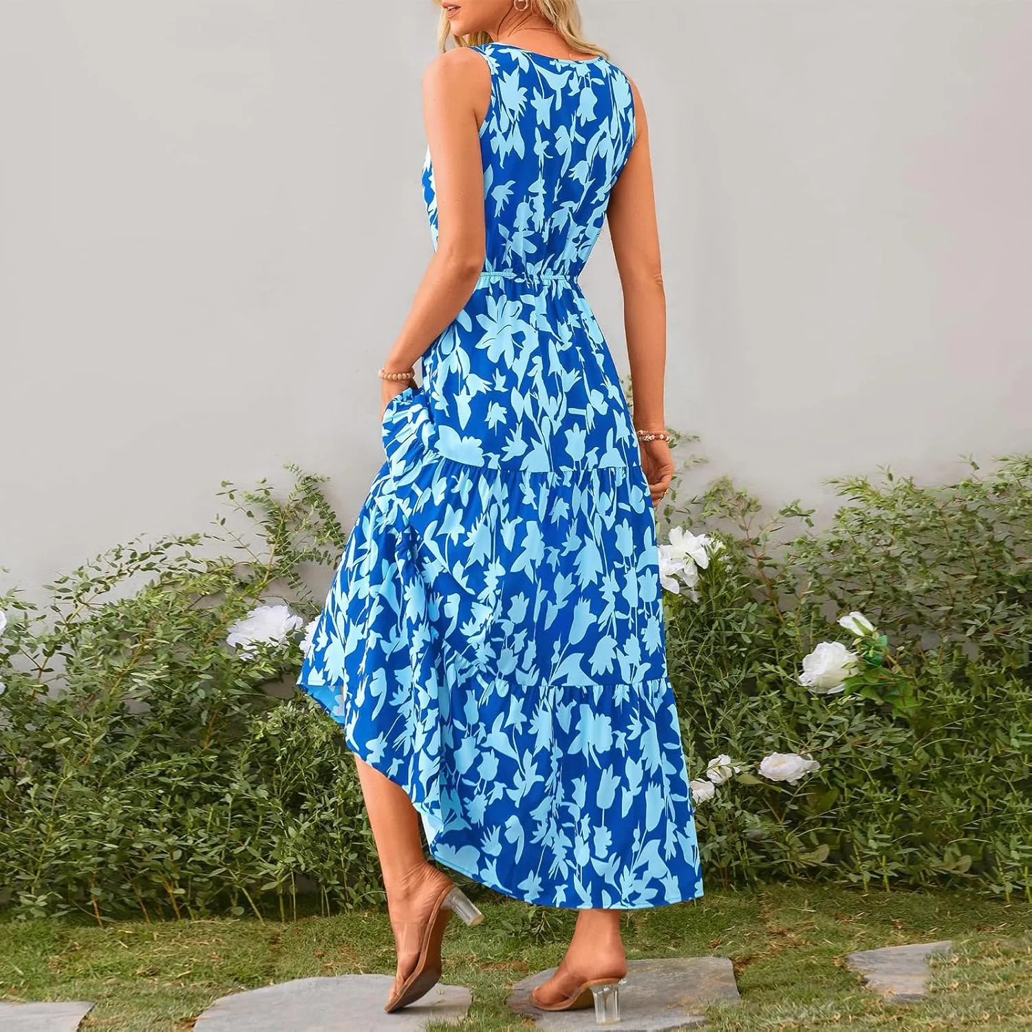 Womens Sleeveless Floral Maxi Dress Summer Casual V Neck Elastic Waist Sundress Boho Flowy Swing Elegant A Line Dress
