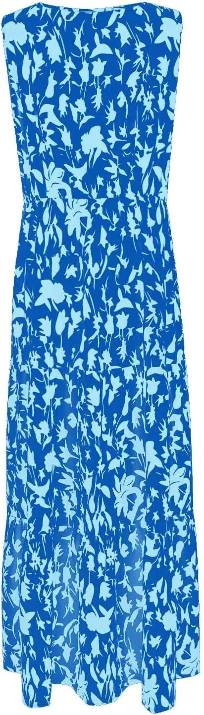 Womens Sleeveless Floral Maxi Dress Summer Casual V Neck Elastic Waist Sundress Boho Flowy Swing Elegant A Line Dress