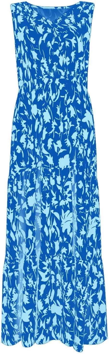 Womens Sleeveless Floral Maxi Dress Summer Casual V Neck Elastic Waist Sundress Boho Flowy Swing Elegant A Line Dress
