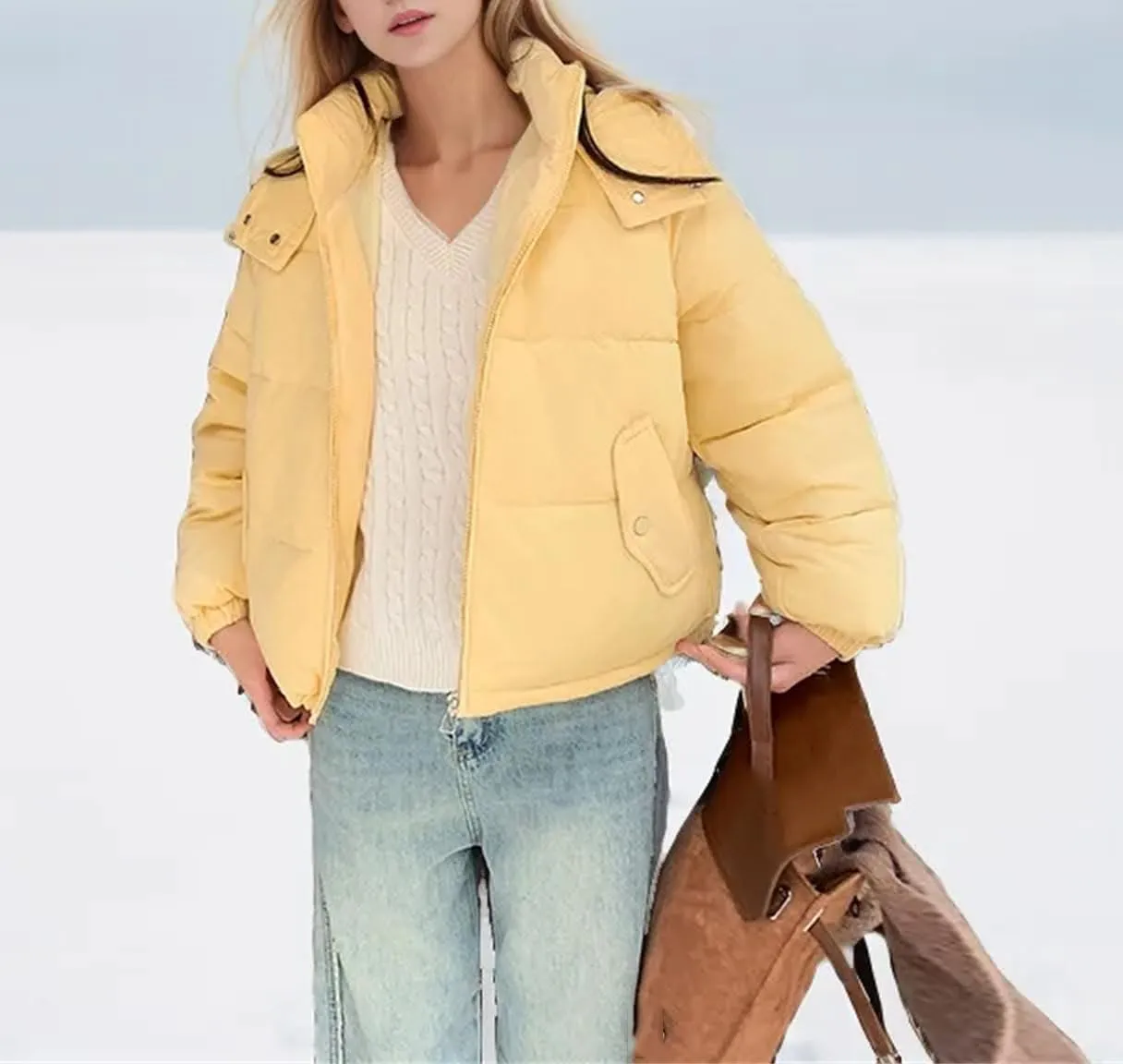 Women's Solid Hooded Short Cotton-Padded Jacket Slim Casual Pockets Zipper Parka Coat